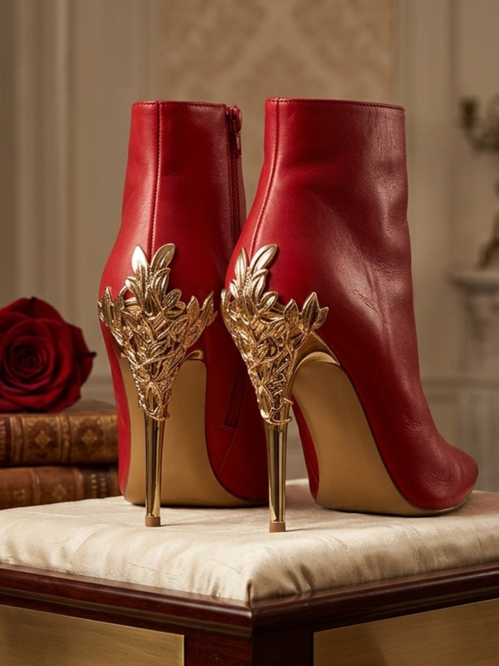 Women's 7 Red Pointed-Toe Ankle Boots with Gold Sculpted Heel